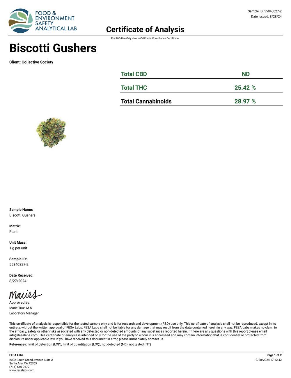 Lost Jane Biscotti Gushers Exotic THCA Flower COA 8-28-24