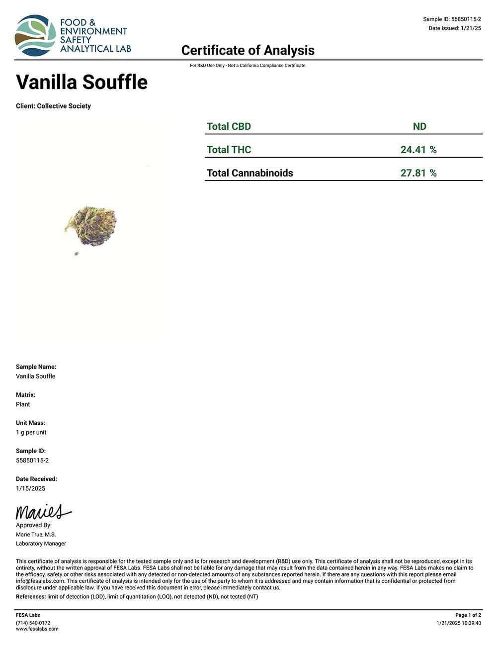 Lost Jane Vanilla Souffle Exotic THCA Flower COA 1-21-25