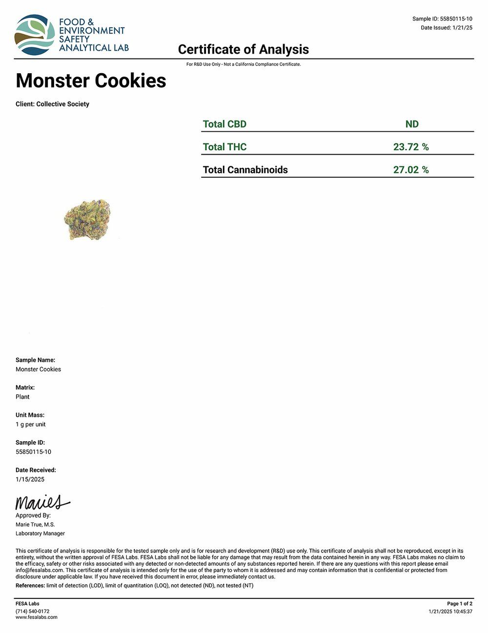 DoughLicious Monster Cookies Exotic THCA Flower COA 1-21-25