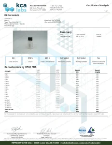 CBDA Isolate COA page 1 of 1, KCA Laboratories, tested 08-21-2025