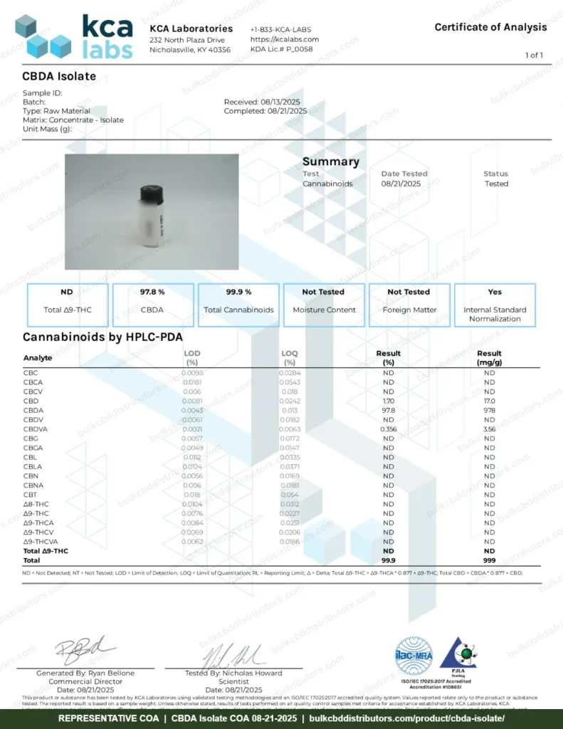 CBDA Isolate COA page 1 of 1, KCA Laboratories, tested 08-21-2025