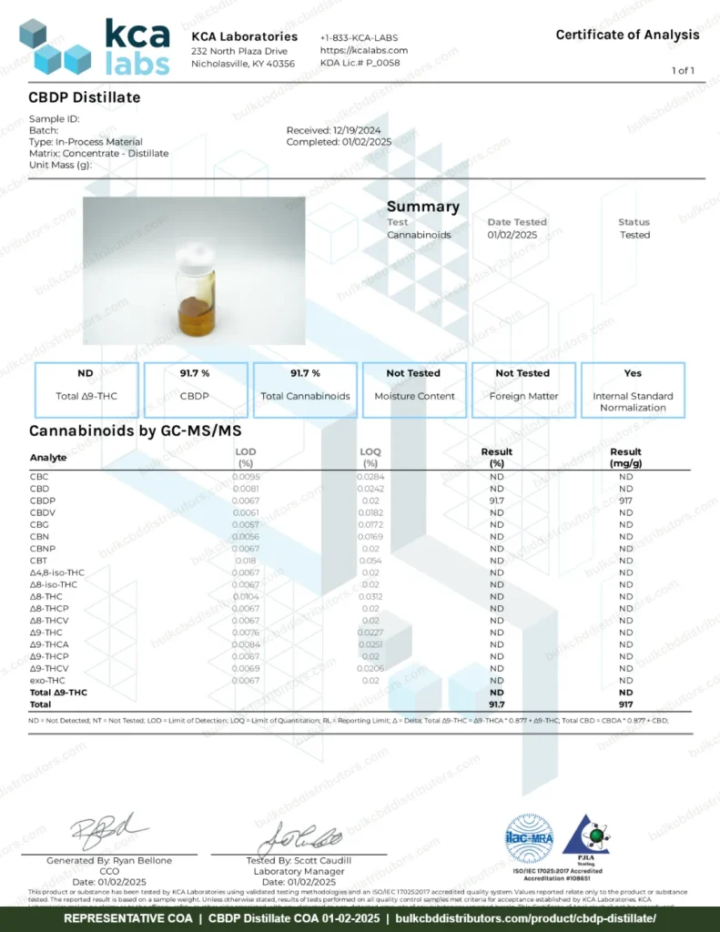 CBDP Distillate COA page 1 of 1, KCA Laboratories, tested 01-02-2025