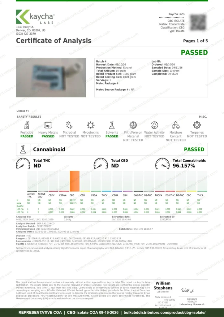 CBG Isolate COA page 1 of 5, Kaycha Labs, tested 09-16-2026