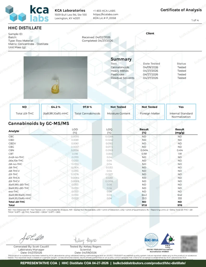 HHC Distillate COA page 1 of 4, KCA Laboratories, tested 04-27-2026